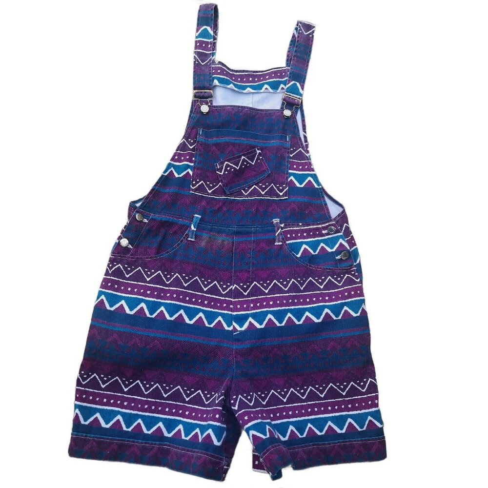 Vintage 90s Aztec Print Shortalls Overalls Womens S Baggy Purple Green Cotton